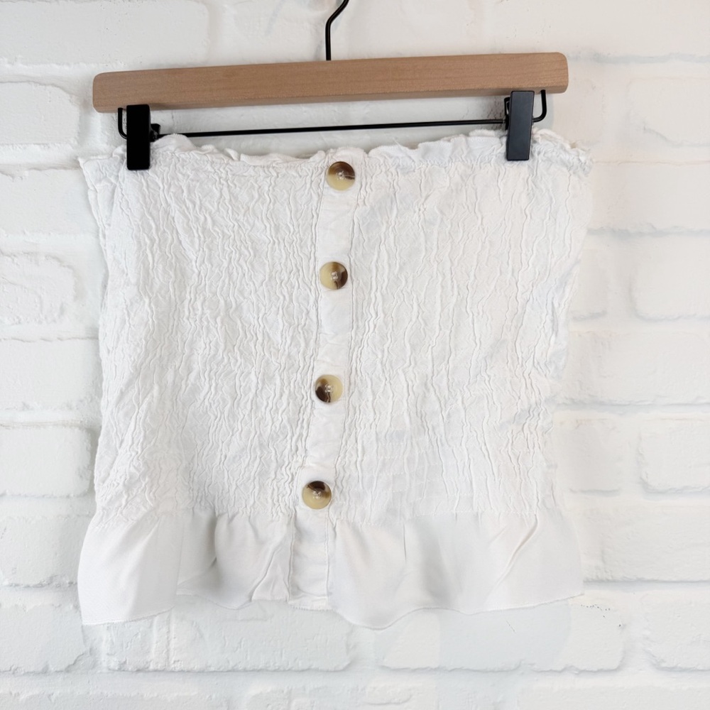 Style Envy White Smocked Strapless top faux buttons XL